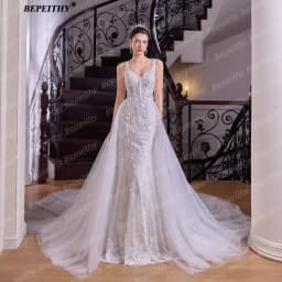 BEPEITHY Bride Customized Mermaid Lace Boho Wedding Dresses Women Long Glitter Detachable Train Bridal Gown Vestidos De Novias