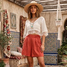 Vintage Chic 2026 Solid Linen Cotton Shorts for Women Bohemian Happie Summer Short Beach Elastic Waist Cargo Boho Shorts