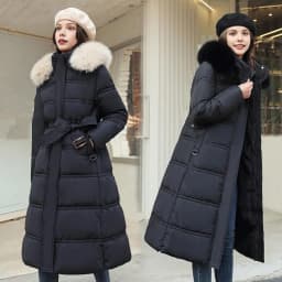 Winter Women Long Parkas Solid Colo Neck Hooded Cotton Jacket Pockets Windproof Zipper Closure Padded Outwear