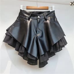 WTHT Trendy Summer 2026 Women's Double-layer Spliced PU Leather Shorts Fashion A-line High-waisted Short Pants Female 1LS3101