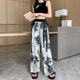 Women's Thin Casual Ice Silk Chiffon Wide Leg Pants 2025 Summer New Style Strap Drop Straight Tube Floor Trousers Korean Women