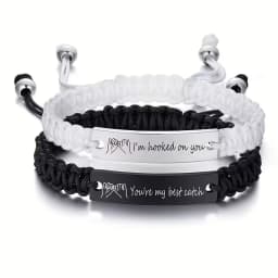 2 Pcs Handmade White Black Braided Rope Bracelet Set Adjustable Stainless Steel Couple Bracelets Valentine's Day Gifts