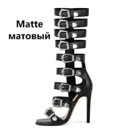 Onlymaker Women Round Toe Hollow Buckle Starp Thigh Stiletto Sandals Ankle Strap Zipper Gladiator Buckle Sandals
