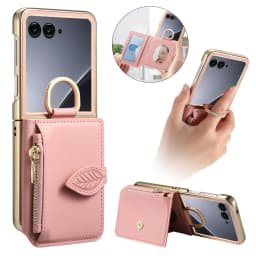 Luxury Zipper Leaf Magnetic Ring Holder Mirror Cards Solt Leather Phone case For Motorola Razr 60 50 Ultra Shockproof Cover