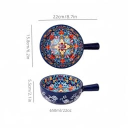 Bohemian Ceramic Hand-Painted Embossed Patterned Salad Bowl with Handle Kitchen Bakeware Microwave & Oven Safe 1 Pc