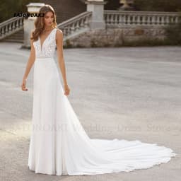 Customized Elegant Boho Lace Chiffon Wedding Dress for Bride A-Line V-Neck Appliques Sweep Train Bridal Gown Vestidos De Novia