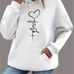 Women's Autumn and Winter Warm and Loose Casual Heart-Shaped Cross Pattern Printed Velvet Long-Sleeved Hooded Sweatshirt