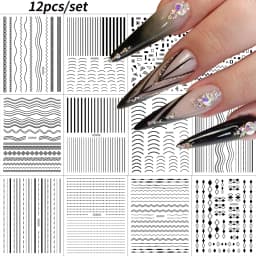 12Sheets Gold Metal Stripe Wave Nail Decals 3D Bronzing French Line/C Curve Stripe Nail Stickers 8*10cm Gold Line Nail Art Suppl