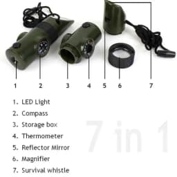 Jungle Survival Whistle with Compass Mirror Flashlight Magnifier LED Light Thermometer Storage Hiking Tool