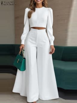 ZANZEA Women's Pant Sets 2 Piece Elegant Chic Short Crop Tops & Wide Leg Pants Two Piece Outfits Trouser Suits Woman Clothes 3XL