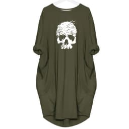 Women's Summer Loose Skull Print Round Neck Long Sleeve Pocket Comfortable Casual P lus Size Dress ashion Streetwear Oversized