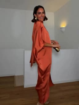 Solid Satin Maxi Dress Women Chic High Neck Batwing Sleeve Front Slit Loose Fit Dresses 2026 Summer Elegant Evening Party Gown