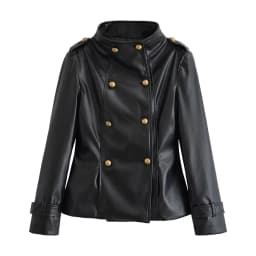 Women Stand Up Collar PU Jacket Chic Metal Buckle Faux Leather Black Jacket Leisure Double Breasted Long Sleeves Autumn Outfit