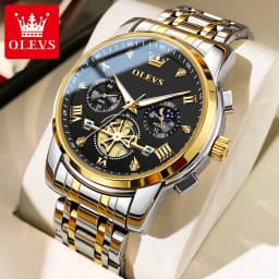 OLEVS 2856 Quartz Watch for Men Flywheel Skeleton Chronograph Moon Phase Multifunctional Stainless Steel Men's Wristwatches