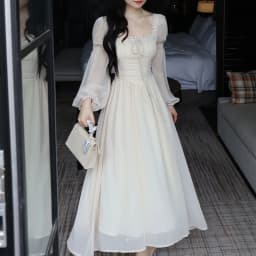 Elegant Square Collar Chiffo Dresses 2026 New Long Sleeve Dress for Women Y2k Early Autumn Slim Waist Vestidos De Mujer