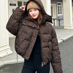 American Leopard Print Hooded Puffer Jacket Women Winter Loose Fit Warm Cotton Jackets Women Fashion Zip Up Thick Padded Parkas