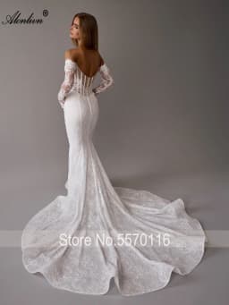 Alonlivn Customize Made Beauty Lace Fitted Beaded 2 In 1 Mermaid Wedding Gowns Trumpet Removable Train Bridal Gowns