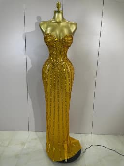 Elegance Golden Strapless Mesh See Through Long Dress Sparkly Diamonds Evening Party Birthday Sexy Nightclub Singer Stage Wear