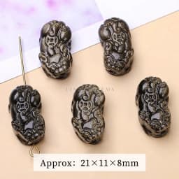 1 Pc Natural Stone Gold Silver Obsidian Carved Bead Cat Paw Pixiu Animals Cute Bead With Hole For Jewelry Making Diy Necklace