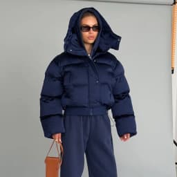 Solid Hooded Cropped Puffer Jacket Women Stand Collar Snap Button Loose Long Sleeve Jackets 2026 Winter Casual Warm Padded Coat