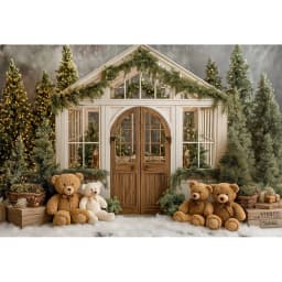 White House With Christmas Tree and Little Bear Photography Backdrop Kids Baby Cake Smash Photocall Studio Backgrounds