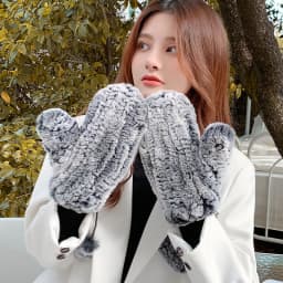 Women's Winter Real Rex Rabbit Fur Gloves Warm Thick Ladies Fur Mittens Elastic Girls Ski Glove Mitts Elastic Soft With String