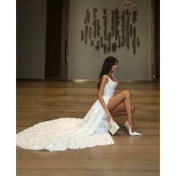 Rebecca Customized Asymmetrical High-low Prom Dress Square Collar vestidos de noche Satin base Floral Applique fabric Formal