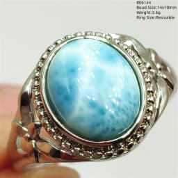 Natural Blue Larimar Oval Adjustable Ring Jewelry Water Pattern Real Larimar For Women Men Healing Fashion Stone AAAAAA