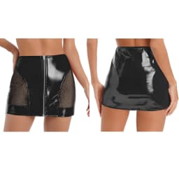 Womens PU Leather Front Zipper Mini Skirt Side Sheer Mesh Patchwork High Waist Bodycon Micro Skirt Wet Look Club Party Miniskirt