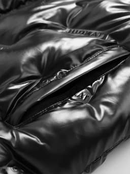 Men's Shiny Black Hooded Puffer Jacket Embossed Logo Warm Winter Coat Elastic Rib Hem Casual Outerwear
