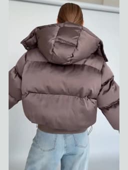 Women's Cropped Puffy Jacket Detachable Hood Drawstring Waist Drop Shoulder Long Sleeve Loose Padded Winter Down Jackets