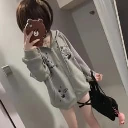 Spring Autumn Jackets Sweatshirt Cute Cats Print Zip Up Hoodie Women Streetwear Y2k Tops Cartoon Japanese Coat Grunge Black Gray