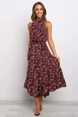 Women's Halter Neck Maxi Dress - Floral Print Boho Chic Smocked Waist Summer Beach Dress for Vacation Casual Wear