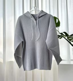 Miyake Women Pleated Hooded Top Drawstring Long Sleeve Loose Solid Color Vertical Pleat Blouse