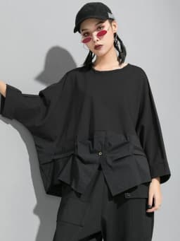 [EAM] Loose Fit Contrast Color Big Size Sweatshirt New Round Neck Long Sleeve Women Big Size Fashion Spring Autumn 2026 1D716