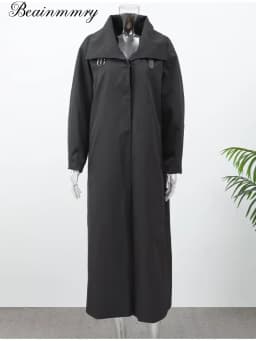 Women Black Long Solid Color Trench Coat Stand Collar Loose Drop Shoulder Single-breasted Windbreaker Lady Commute Outing Wear