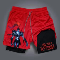 Solo Leveling 2026 New Hot Anime Red Cotton Shorts Men Women Orange Character Blue Glow Scouting Legion Text Black Lining 2025