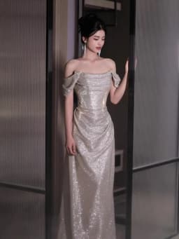 Ele One-oulder Silver Sequin Evening Gown Women's Birthday Adult Ceremony Host Wedding Morning Robe Korean Sle