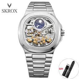 2026 High-end Luxury SKROX Square Man Watch Sapphire Stainless Steel Skeleton Moon Phase Classic Automatic Movement Male Watches