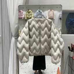 Winter Puff Fluffy Ripple Pattern Down Jacket Women White Duck Down Double Zipper Outwears Female Round Neck Warm Parker Jacket