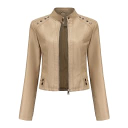 Women's Rivet PU zipper Leather Coat, Black Motorcycle Jacket, Standing Collar, Korean Punk Rock Fashion, Autumn and Winter