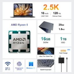 Ninkear A15 Pro Laptop AMD Ryzen 5 5500U 16 Inch 2.5K 120Hz IPS Display 16GB RAM 1TB SSD Fingerprint Reader Windows 11 WiFi 6 USB-C PD 65W Fast Charging for Business Home Office Study and Everyday Multitasking