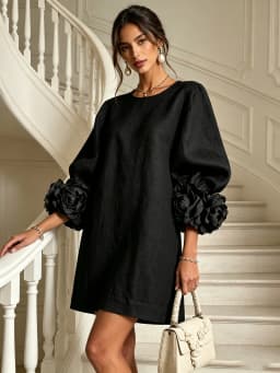 Vintage Solid Women Cocktail Dresses 3D Floral Cuff Decor 3/4 Sleeves Prom Dress Elegant Casual Party Wedding Guest Mini Dress