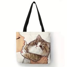 Cute Cartoon Cat Print Tote Bag, Large Capacity Shoulder Bag, Women's Casual Handbag For Work School Shopping