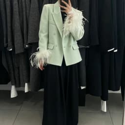 OFTBUY Women's 100% Wool Blazer Feather Cuff Double Breasted Suit Jacket Elegant Winter Warm Coat Casual Office Lady Outerwear