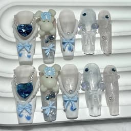 10PCS Cute 3D Bow Teddy Bear Pink French Handmade Press On Nails Lolita Kawaii Bunny Long Fake Nails Pearls Glitter Nail Art