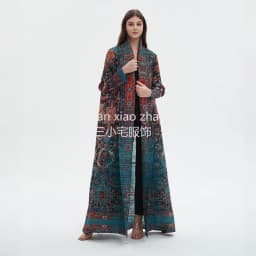 Miyake Pleated 2024 New Folded Collar Long Sleeved Retro Printed Dress Belt for Women Dubai Designer Original Fashion Loose Coat