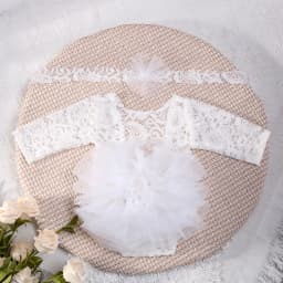 Ylsteed 2 Pieces Set Dusty Pink Newborn Lace Romper for Photo Shooting Fluffy Mesh Lace Photography Outfits with Headband