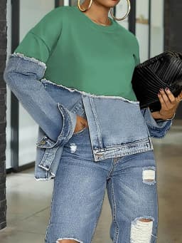 Mock Two-Piece Denim Insert Sweatshirt Raw-Edge Crewneck Long Sleeve Top Retro Fusion Pullover Women Chic Spring Fall Streetwear