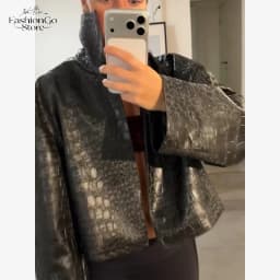Beige Croc Leather Cropped Jacket Y2k Stand Collar Long Sleeve Wide Cuff Oversize Coat 2026 Autumn Street Daily Casual Outerwear